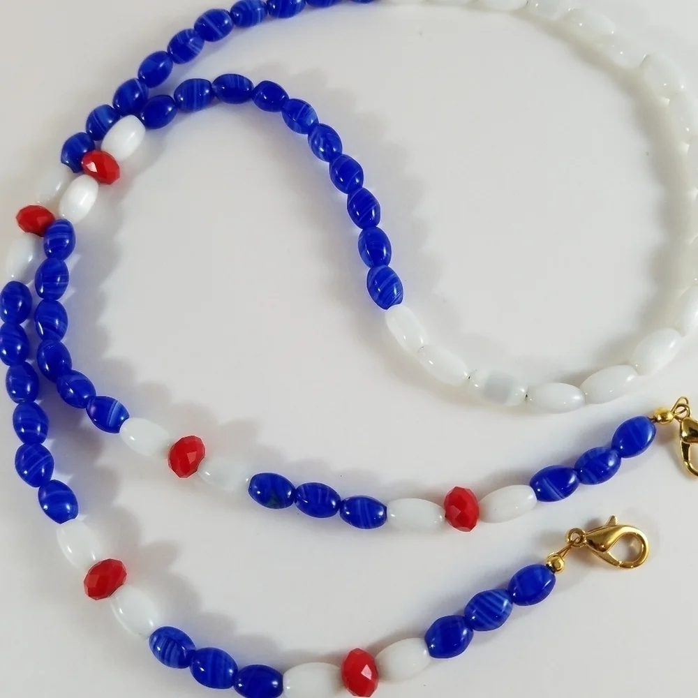 Hand Crafted Face Mask Eyeglasses Holder Lanyard Chain Red White Blue Patriotic